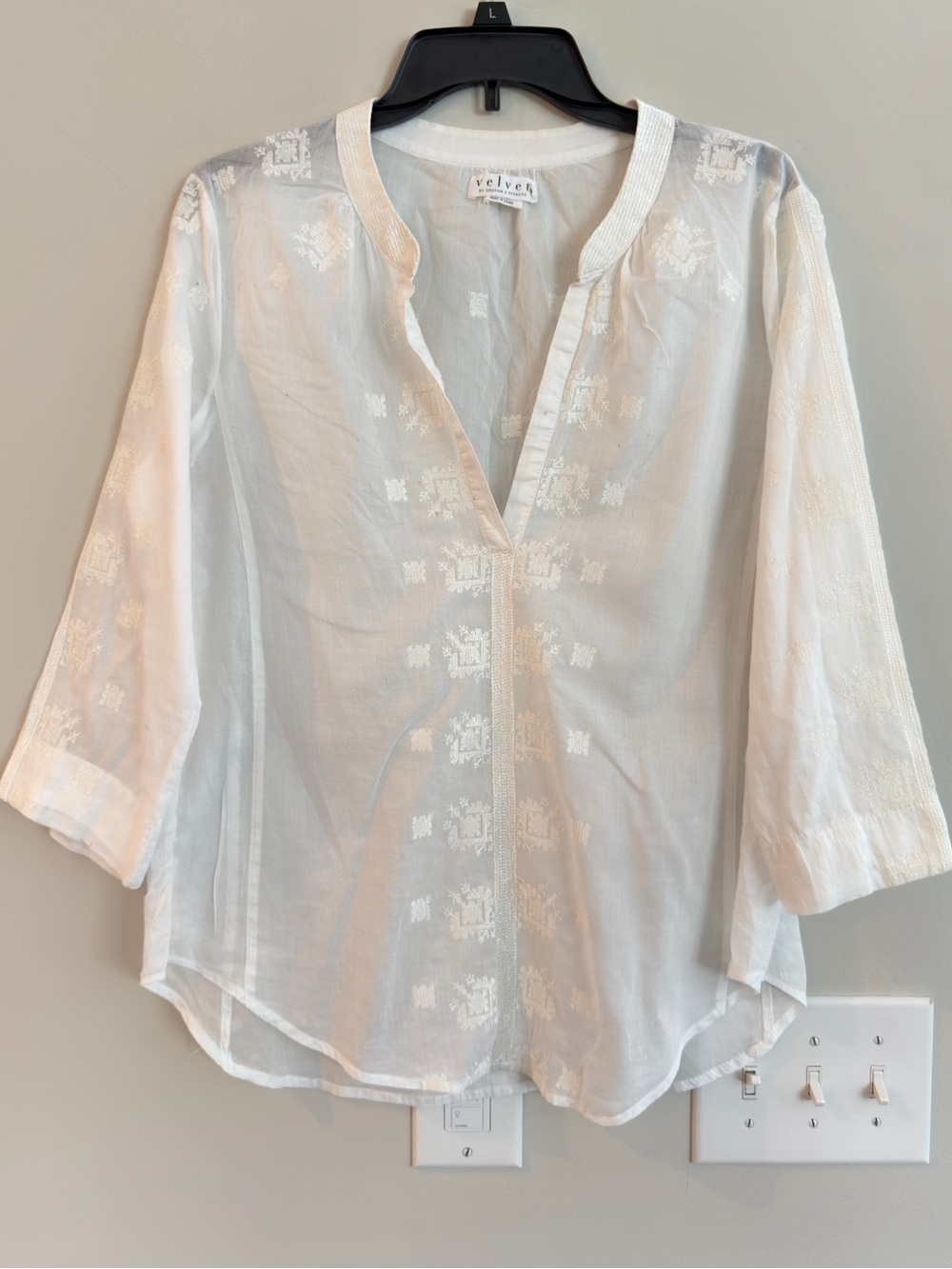 Velvet White Embroidered V-Neck Tunic